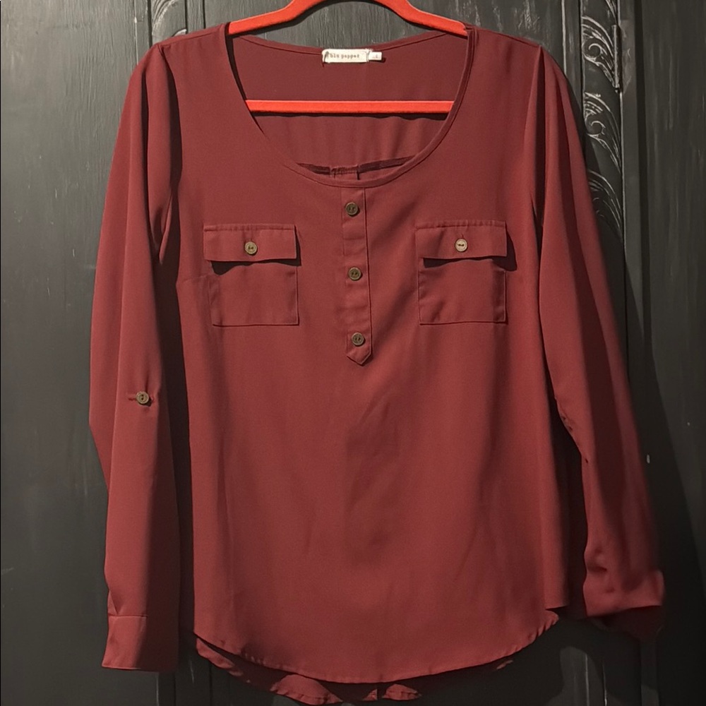 Blu Pepper Maroon Blouse with Button Accents